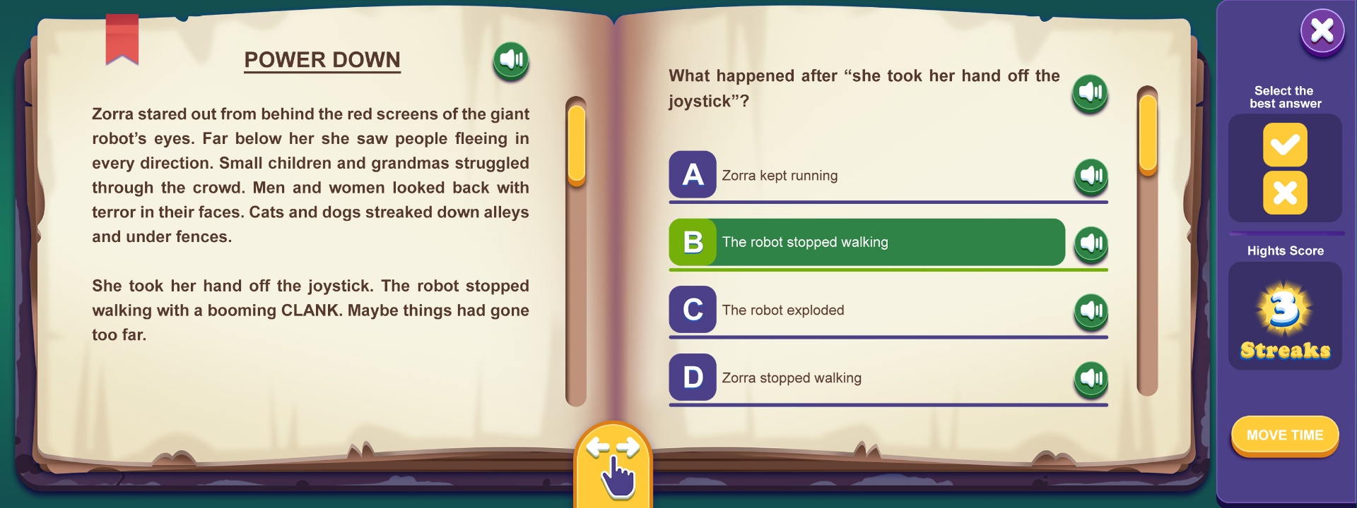 Dreamscape reading game: a story passage on the left and multiple-choice comprehension question on the right